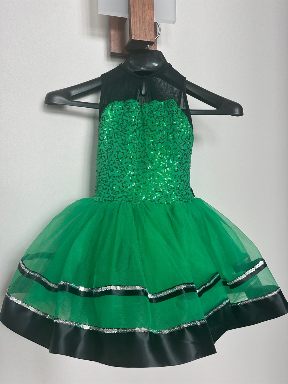 Weissman Green Sequin Tulle Dance Costume with Black Accents